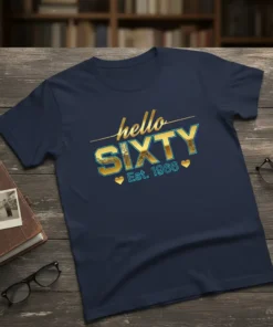 Hello SIXTY Est. 1966 t-shirt design with gold and blue text and heart accents