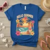 Hello Summer text with tropical beach scene graphic featuring palm trees, sunset, ocean waves, ukulele, and cocktail
