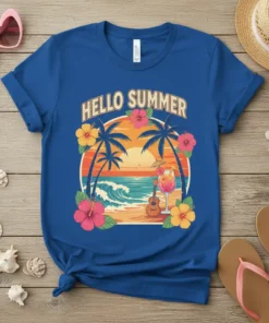 Hello Summer text with tropical beach scene graphic featuring palm trees, sunset, ocean waves, ukulele, and cocktail
