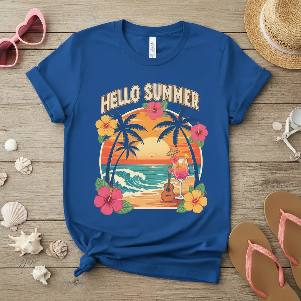 Hello Summer text design with tropical beach sunset, palm trees, waves, ukulele, and cocktail