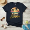 HELLO Summer text with a tropical beach sunset scene featuring palm trees and a lounge chair, graphic tee design