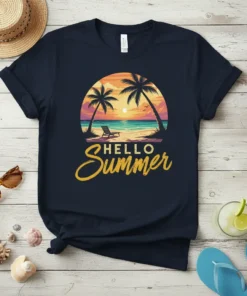 HELLO Summer text with a tropical beach sunset scene featuring palm trees and a lounge chair, graphic tee design