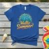 Hello Summer! text with a swirling sun graphic on a blue t-shirt, beach theme