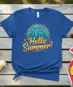 Hello Summer! text with a swirling sun graphic on a blue t-shirt, beach theme