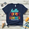 Hello Summer #HappyLastDay t-shirt design with neon text and aviator sunglasses reflecting a tropical beach sunset scene
