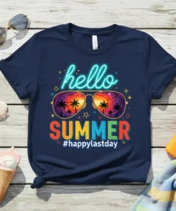 Hello Summer #HappyLastDay t-shirt design with neon text and aviator sunglasses reflecting a tropical beach sunset scene