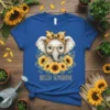Hello Sunshine t-shirt with a cute elephant wearing glasses and a sunflower bandana, surrounded by sunflowers