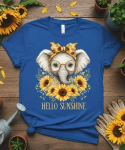 Hello Sunshine t-shirt with a cute elephant wearing glasses and a sunflower bandana, surrounded by sunflowers