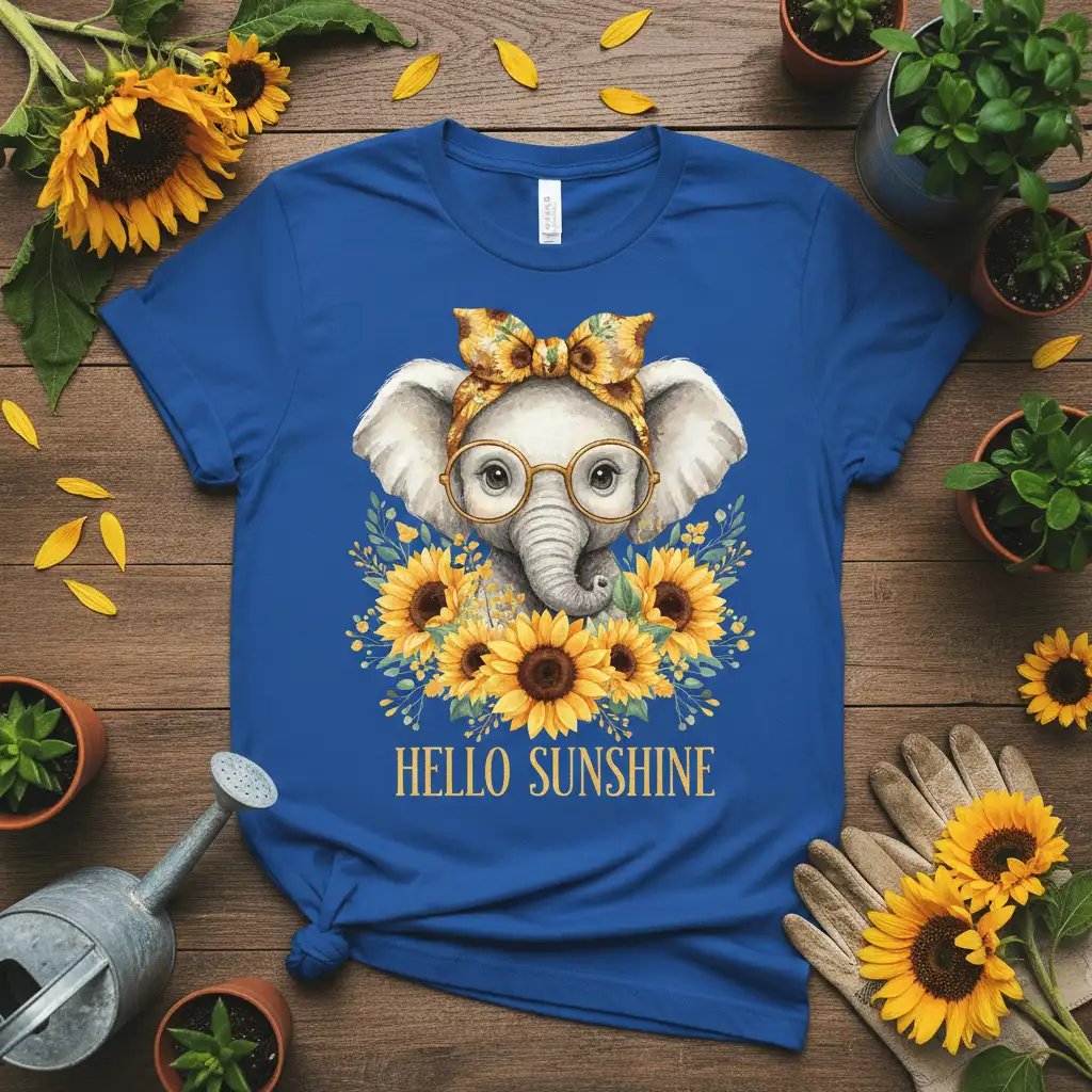 Hello Sunshine text with an adorable elephant wearing glasses and a sunflower bandana, set against a backdrop of sunflowers