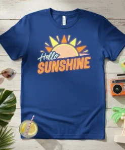 Hello Sunshine text with a radiant sun graphic on a blue t-shirt, perfect for summer