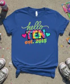 Hello TEN est. 2015 tie dye birthday t-shirt with colorful lettering and heart graphics