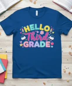 Hello Third Grade back to school t-shirt with colorful text and fun school graphics like rockets and books