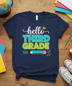 Navy t-shirt with "hello THIRD GRADE" text in colorful fonts, featuring a pencil graphic and confetti