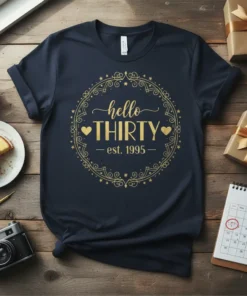 Hello Thirty Est. 1995 text in gold glittery font on a navy blue t-shirt, part of a birthday celebration theme