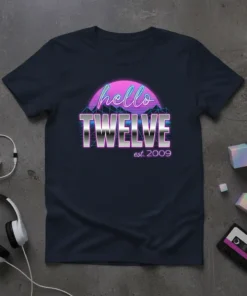 Hello TWELVE est. 2009 retro birthday t-shirt design with neon pink sunset and silver text