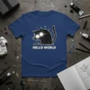 Geometric black cat design with "Hello World" text, perfect for programmers and cat lovers