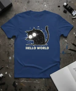 Geometric black cat design with "Hello World" text, perfect for programmers and cat lovers