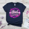 HELLP SYNDROME Survivor text in neon pink and purple hexagon graphic on navy blue t-shirt