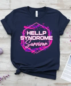 HELLP SYNDROME Survivor text in neon pink and purple hexagon graphic on navy blue t-shirt