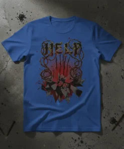 HELP gothic lettering t-shirt with distressed thorns and broken glass graphic, dark art design