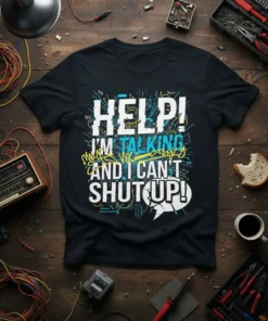 Black t-shirt with bold white and blue text: HELP! I'M TALKING AND I CAN'T SHUT UP!, featuring abstract colorful graphics