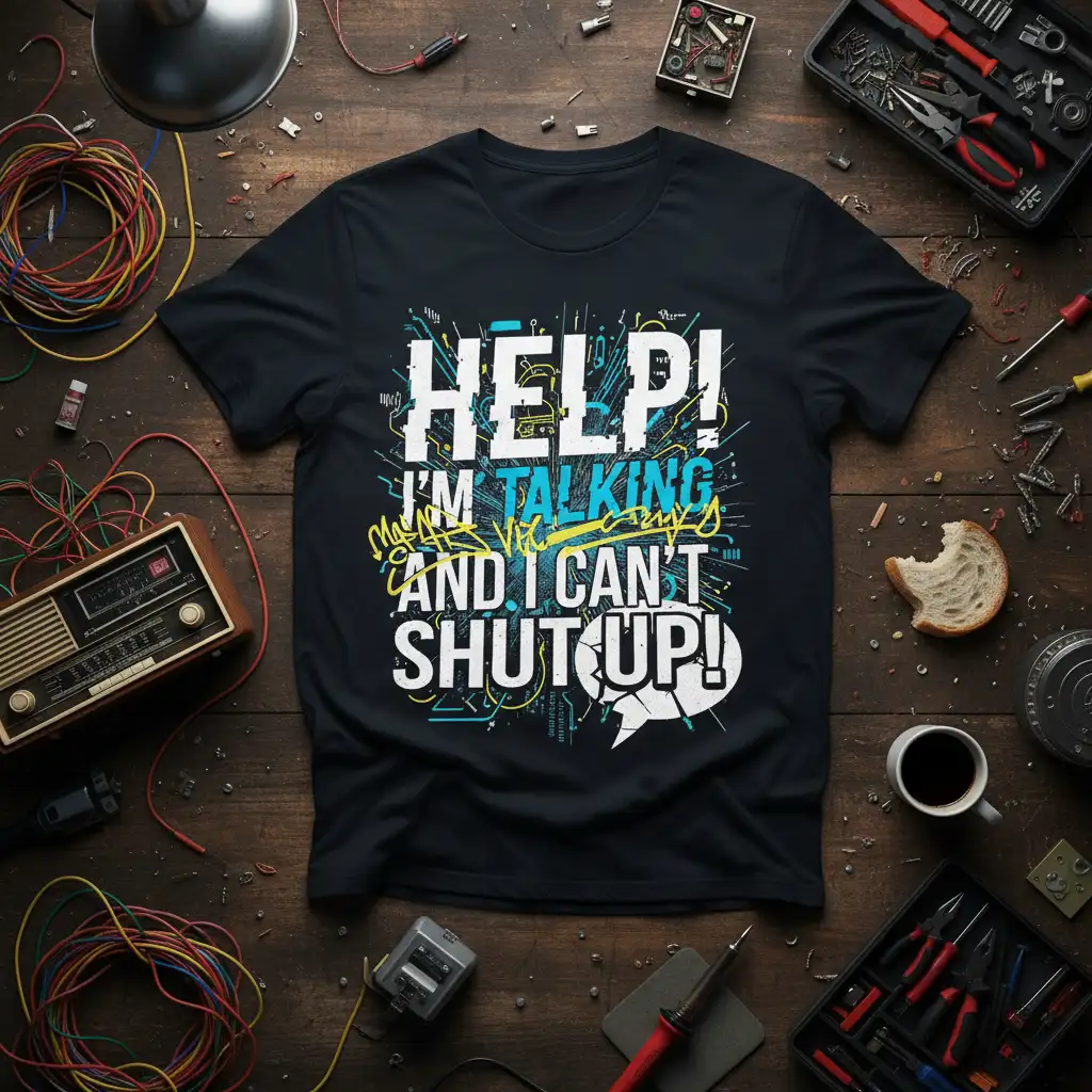 Help! I'm Talking And I Can't Shut Up! quote tee with vibrant abstract graphics and speech bubble