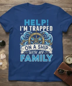 HELP! I'M TRAPPED ON A SHIP WITH MY FAMILY text and ship wheel graphic on a blue t-shirt