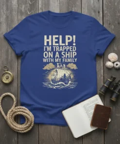T-shirt with "HELP! I'M TRAPPED ON A SHIP WITH MY FAMILY" text and vintage sailing ship graphic