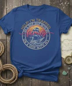 T-shirt design with text "HELP! I'M TRAPPED ON A SHIP WITH MY family ON A SHIP WITH MY" and a