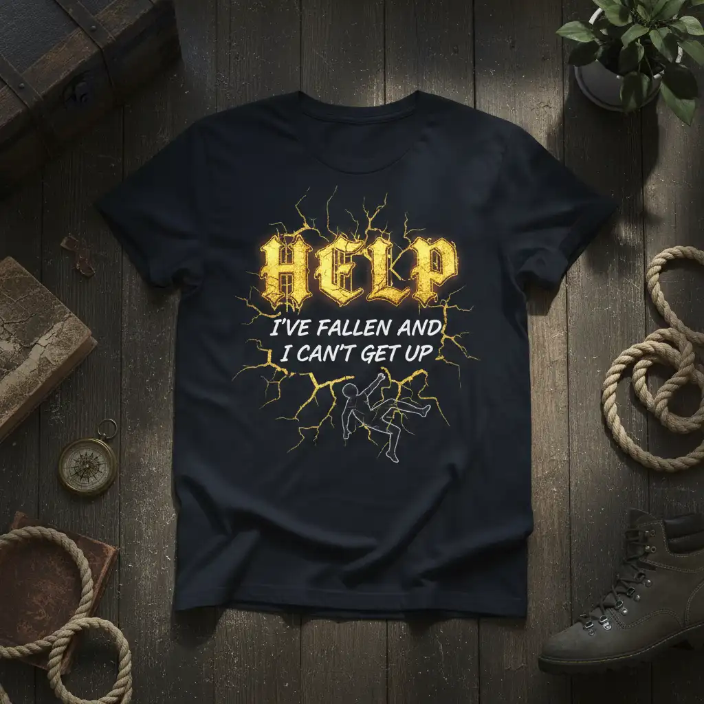 HELP I'VE FALLEN AND I CAN'T GET UP quote with falling figure on a cracked background t-shirt
