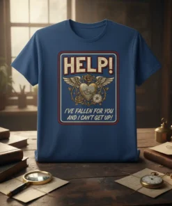 HELP! I'VE FALLEN FOR YOU AND I CAN'T GET UP! text on a blue t-shirt with heart, wings, and compass