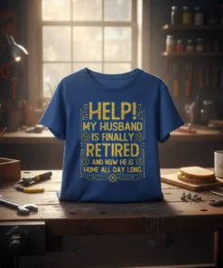 Blue t-shirt with yellow text: HELP! MY HUSBAND IS FINALLY RETIRED AND NOW HE IS HOME ALL DAY LONG. Graphic