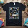 Helping Little Minds Grow teacher t-shirt with a pencil character, open book, and stack of books graphic