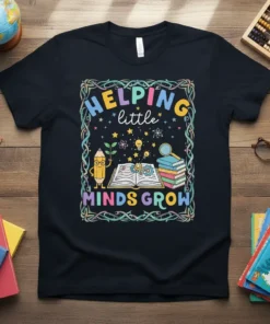 Helping Little Minds Grow teacher t-shirt with a pencil character, open book, and stack of books graphic