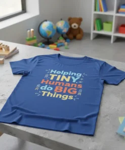 Helping TINY Humans do BIG Things quote on a blue t-shirt, featuring colorful typography and decorative elements