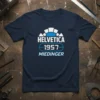 Navy t-shirt with "Helvetica 1957 Miedinger" text in white and blue, celebrating classic typography design