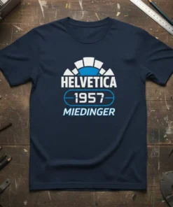 Navy t-shirt with "Helvetica 1957 Miedinger" text in white and blue, celebrating classic typography design