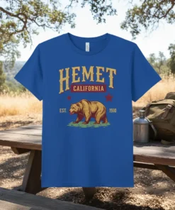 Hemet California Est 1910 vintage bear graphic t-shirt design with red stars and distressed typography