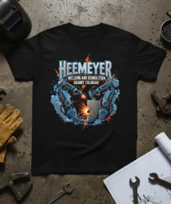 HEMEYER Welding and Demolition Granby Colorado t-shirt design featuring robotic arms welding concrete with sparks and smoke