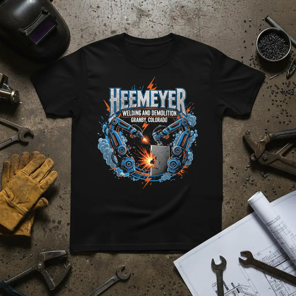 HEMEYER Welding and Demolition Granby Colorado t-shirt featuring robotic welders and industrial sparks graphic