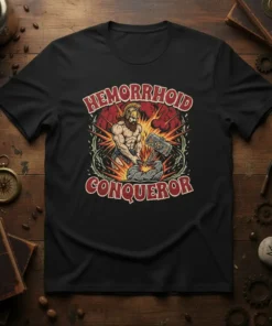 Hemorrhoid Conqueror design featuring a muscular warrior with a hammer and a distressed background, printed on a black t-shirt