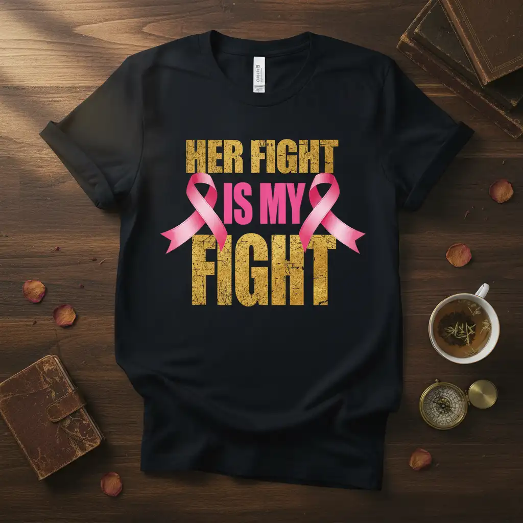 Her Fight Is My Fight breast cancer awareness quote t-shirt with pink ribbon and distressed gold lettering