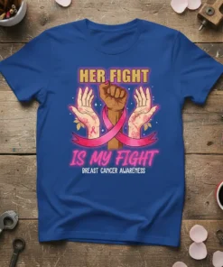 Breast cancer awareness t-shirt with the quote "Her Fight Is My Fight" and pink ribbon graphic, featuring diverse hands and