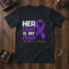 Black t-shirt with "HER FIGHT IS MY FIGHT" in white and purple text, a purple ribbon with a feather design