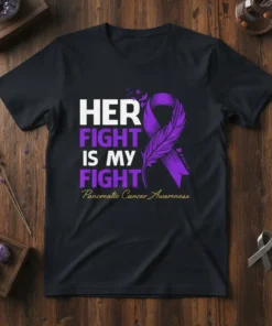 Black t-shirt with "HER FIGHT IS MY FIGHT" in white and purple text, a purple ribbon with a feather design
