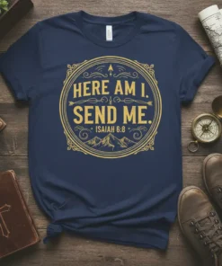 Christian t-shirt with "Here Am I Send Me Isaiah 6:8" in gold lettering, featuring mountains graphic