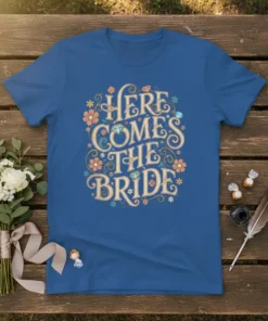 Here Comes The Bride text design with floral and diamond accents on a blue t-shirt