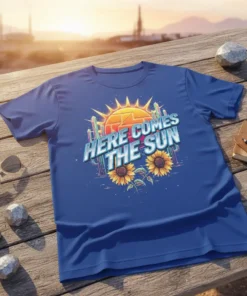 Here Comes The Sun retro graphic t-shirt with sunflowers, cacti, and a bright sun