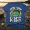 Here Fishy Fishy Fishy t-shirt design with a bass fish graphic and sunset background