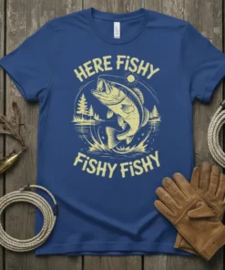 HERE FISHY FISHY FISHY t-shirt design with a jumping bass fish, trees, and sun graphic